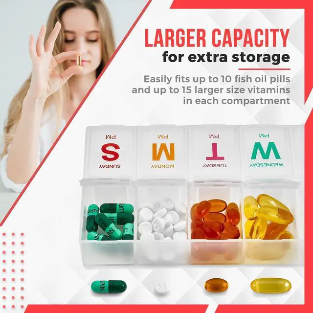Alt view image 2 of 7 - Extra Large Pill Organizer - Pill Box 7 Day Weekly Pill Organizer 2 Times a Day and AM PM Daily Pill Organizer Case for Medication Pills and Supplements with Braille and Bright XL Easy to Read Colors