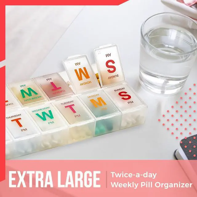 Alt view image 3 of 7 - Extra Large Pill Organizer - Pill Box 7 Day Weekly Pill Organizer 2 Times a Day and AM PM Daily Pill Organizer Case for Medication Pills and Supplements with Braille and Bright XL Easy to Read Colors