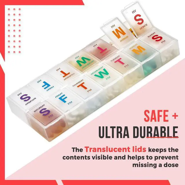 Alt view image 6 of 7 - Extra Large Pill Organizer - Pill Box 7 Day Weekly Pill Organizer 2 Times a Day and AM PM Daily Pill Organizer Case for Medication Pills and Supplements with Braille and Bright XL Easy to Read Colors