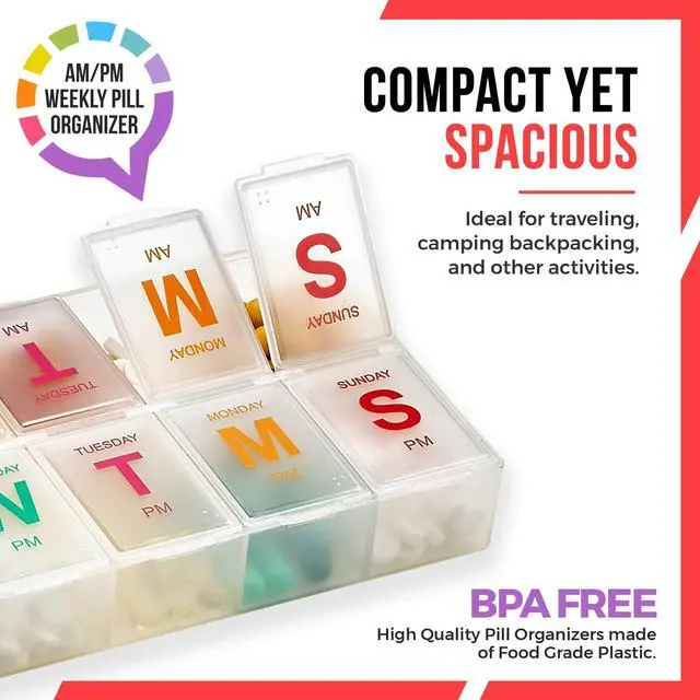 Alt view image 7 of 7 - Extra Large Pill Organizer - Pill Box 7 Day Weekly Pill Organizer 2 Times a Day and AM PM Daily Pill Organizer Case for Medication Pills and Supplements with Braille and Bright XL Easy to Read Colors