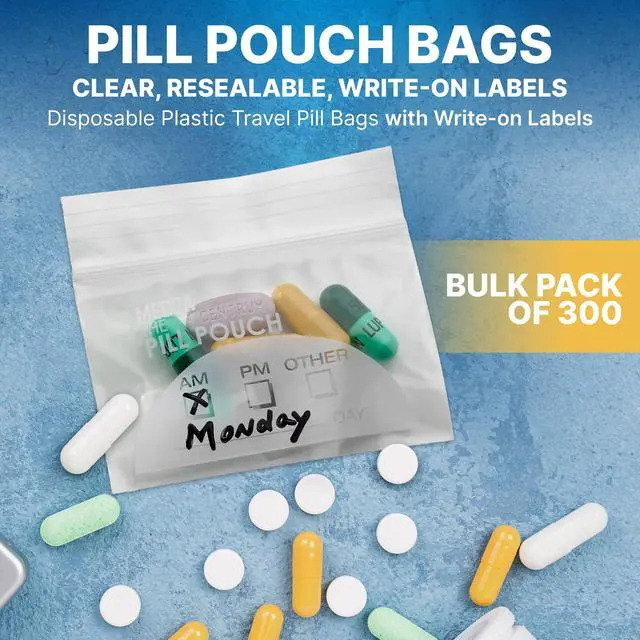 Alt view image 2 of 7 - Pill Pouch Bags - (Pack of 300) 3" x 2.75" - BPA Free, Poly Bag Disposable Zipper Pills Baggies, Daily AM PM Travel Medicine Organizer Storage Pouches, Best Clear Reusable with Write-on Labels