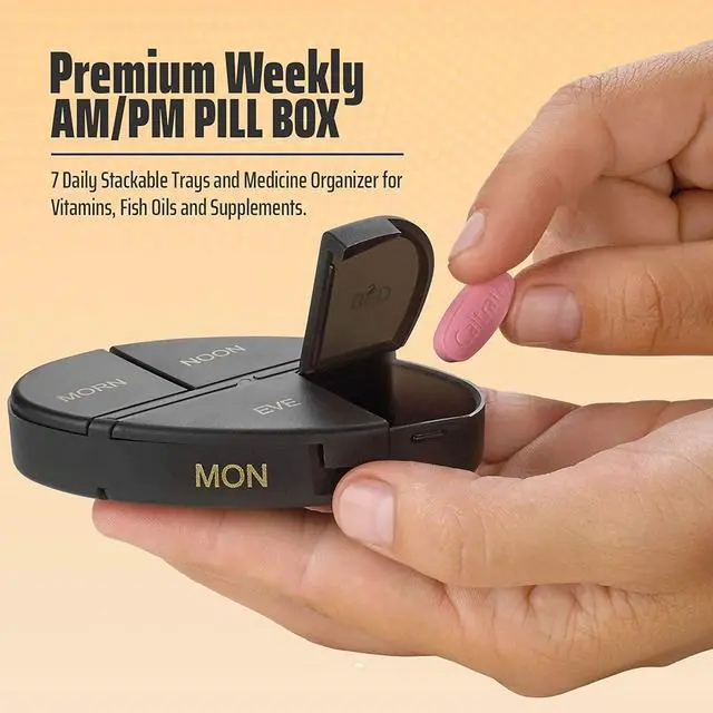 Alt view image 7 of 7 - Weekly Pill Box - (4 Times a Day) - Daily Stackable Medication - Premium AM/PM Weekly Pill Box with 7