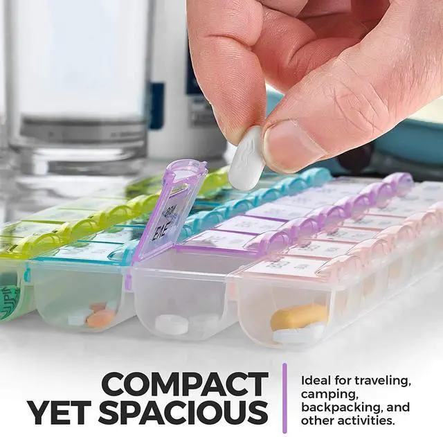 Alt view image 3 of 7 - MEDca Pill Organizers - (2 Pack) Large Pill Organizer with Weekly and Daily 4-Times-A-Day Compartments for Morning, Noon, Evening, Night - BPA-Free, Portable and Travel Friendly Pill Boxes Case