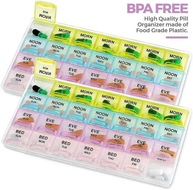 Alt view image 2 of 7 - MEDca Pill Organizers - (2 Pack) Large Pill Organizer with Weekly and Daily 4-Times-A-Day Compartments for Morning, Noon, Evening, Night - BPA-Free, Portable and Travel Friendly Pill Boxes Case