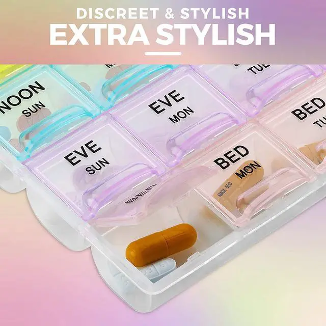 Alt view image 7 of 7 - MEDca Pill Organizers - (2 Pack) Large Pill Organizer with Weekly and Daily 4-Times-A-Day Compartments for Morning, Noon, Evening, Night - BPA-Free, Portable and Travel Friendly Pill Boxes Case