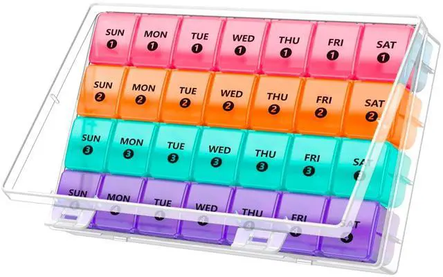 Main image of Extra Large Monthly Pill Organizer - 7-Day Color Once-A-Day Pill Dispenser w/ 4 Weekly Pill Containers for 28 Days - BPA-Free Dust-Proof Case XL Medicine Organizer Box for Pills, Tablets, Supplements