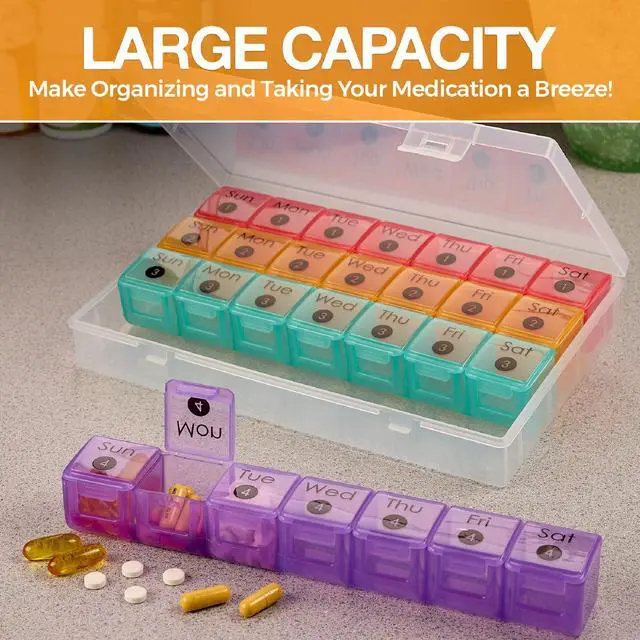 Alt view image 4 of 7 - Extra Large Monthly Pill Organizer - 7-Day Color Once-A-Day Pill Dispenser w/ 4 Weekly Pill Containers for 28 Days - BPA-Free Dust-Proof Case XL Medicine Organizer Box for Pills, Tablets, Supplements