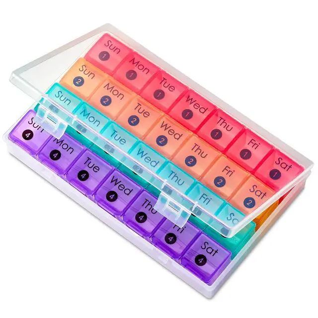 Alt view image 2 of 7 - Extra Large Monthly Pill Organizer - 7-Day Color Once-A-Day Pill Dispenser w/ 4 Weekly Pill Containers for 28 Days - BPA-Free Dust-Proof Case XL Medicine Organizer Box for Pills, Tablets, Supplements