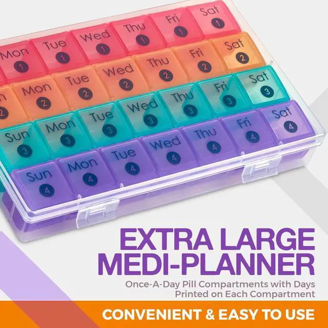 Alt view image 3 of 7 - Extra Large Monthly Pill Organizer - 7-Day Color Once-A-Day Pill Dispenser w/ 4 Weekly Pill Containers for 28 Days - BPA-Free Dust-Proof Case XL Medicine Organizer Box for Pills, Tablets, Supplements