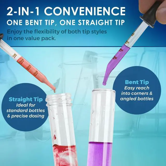 Alt view image 7 of 7 - MEDca Eye Dropper - (Pack of 2) Bent & Straight Tip Calibrated Glass Medicine Droppers for Medications or Essential Oils Dropper for Accurate Easy Dose and Measurement (1 mL Capacity)