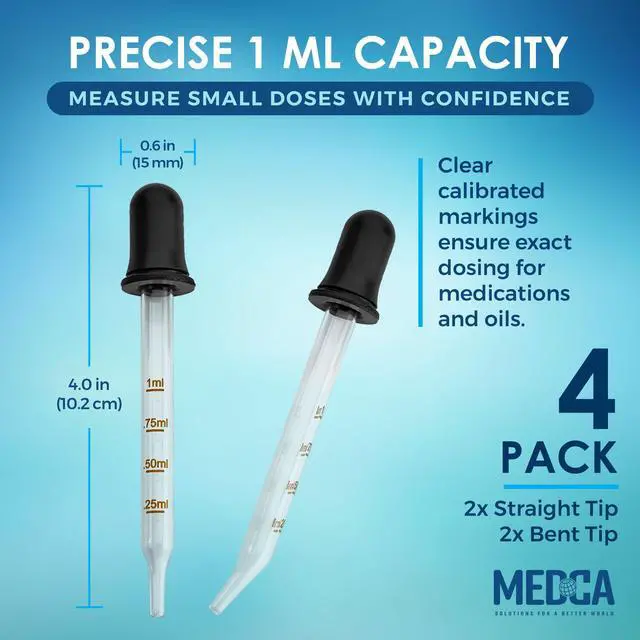 Alt view image 2 of 7 - Eye Dropper - (Pack of 4) Bent & Straight Tip Calibrated Glass Medicine Droppers for Essential Oils | Dropper for Accurate Easy Dose and Measurement (1 mL Capacity)