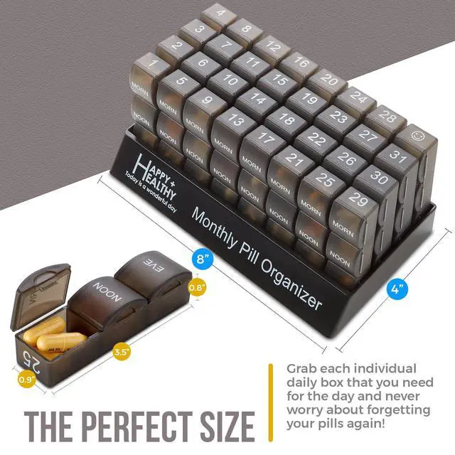 Alt view image 2 of 7 - Month Pill Box Organizer - 32 Compartments | Morning-Noon-Night - 30 Day Pill Case with 32 Daily Compartments for Vitamins, Supplements, Medication - Travel Monthly Pill Organizer 3 Times-a-Day, Black