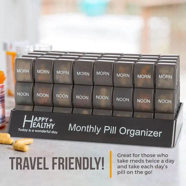 Alt view image 3 of 7 - Month Pill Box Organizer - 32 Compartments | Morning-Noon-Night - 30 Day Pill Case with 32 Daily Compartments for Vitamins, Supplements, Medication - Travel Monthly Pill Organizer 3 Times-a-Day, Black