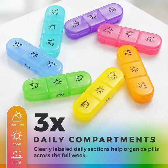 Alt view image 2 of 7 - Weekly 3 Times a Day Pill Organizer - Large 7 Day Medicine Planner with Separate Daily Containers, Clear Storage Case, Easy Open Lids, Travel Pill Box for Vitamins, Supplements & Medication, Rainbow