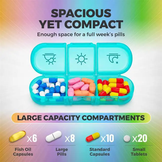 Alt view image 6 of 7 - Weekly 3 Times a Day Pill Organizer - Large 7 Day Medicine Planner with Separate Daily Containers, Clear Storage Case, Easy Open Lids, Travel Pill Box for Vitamins, Supplements & Medication, Rainbow