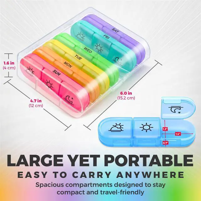 Alt view image 7 of 7 - Weekly 3 Times a Day Pill Organizer - Large 7 Day Medicine Planner with Separate Daily Containers, Clear Storage Case, Easy Open Lids, Travel Pill Box for Vitamins, Supplements & Medication, Rainbow