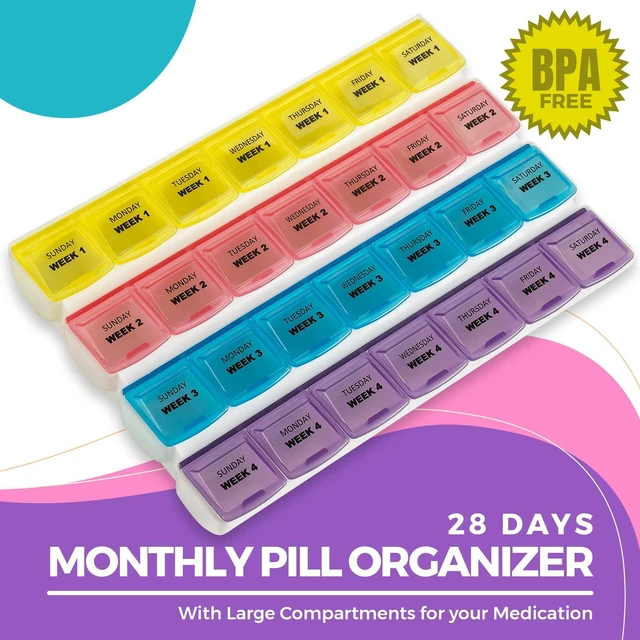 Alt view image 2 of 7 - Monthly Pill Organizer - 28 Day Extra Large Monthly Pill Planner to Separate Pills & Vitamins Week to Week, Travel Medication Reminder Daily Monday to Sunday Compartments