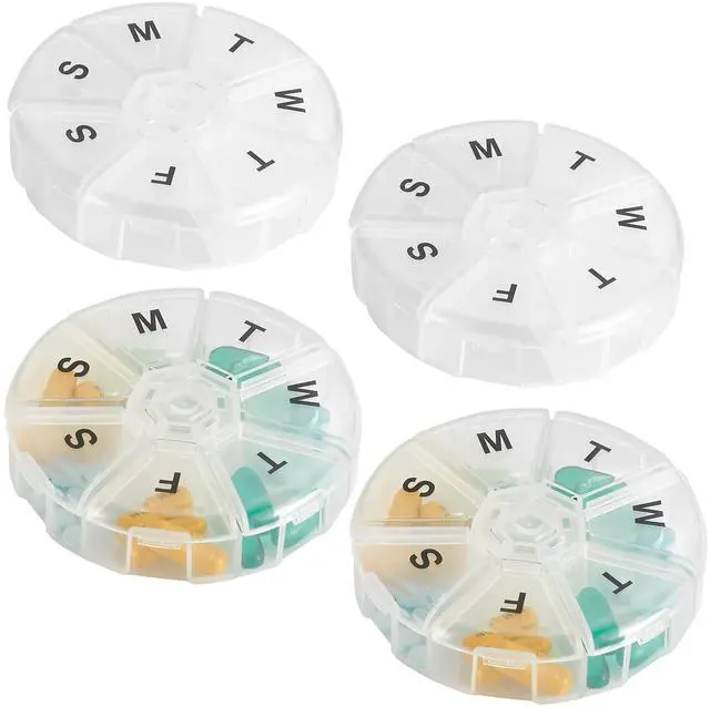 Main image of Large Weekly Pill Organizer - (Pack of 4) Daily Pill Cases, Round Pill Organizer 7 Day Container, Medicine Planner, Pill Reminder, BPA-Free for Pills Vitamins, Supplements, and Fish Oils