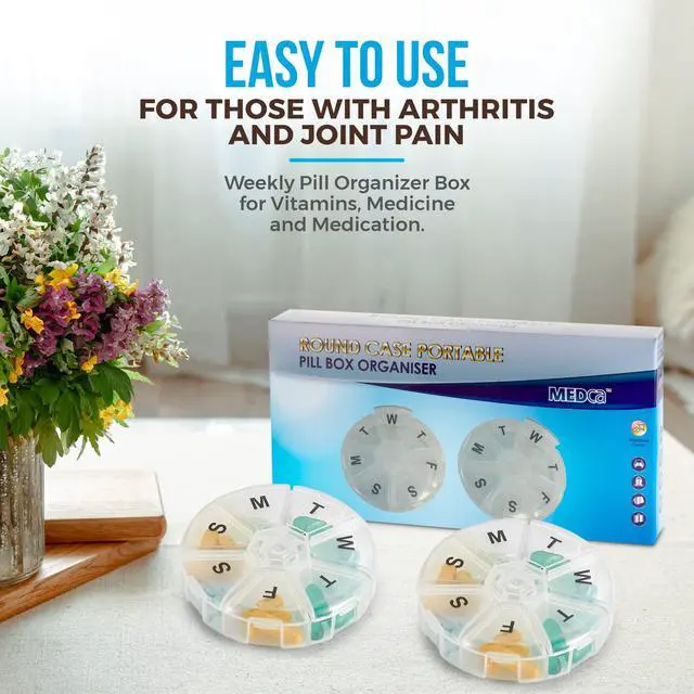 Alt view image 2 of 7 - Large Weekly Pill Organizer - (Pack of 4) Daily Pill Cases, Round Pill Organizer 7 Day Container, Medicine Planner, Pill Reminder, BPA-Free for Pills Vitamins, Supplements, and Fish Oils