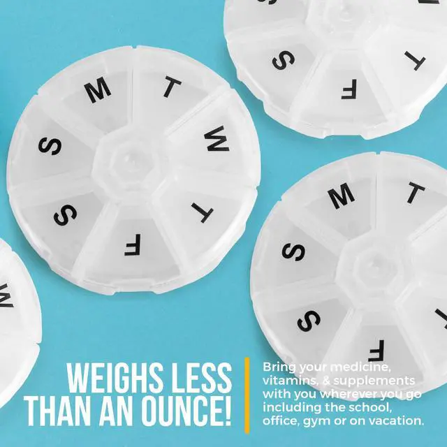Alt view image 5 of 7 - Large Weekly Pill Organizer - (Pack of 4) Daily Pill Cases, Round Pill Organizer 7 Day Container, Medicine Planner, Pill Reminder, BPA-Free for Pills Vitamins, Supplements, and Fish Oils
