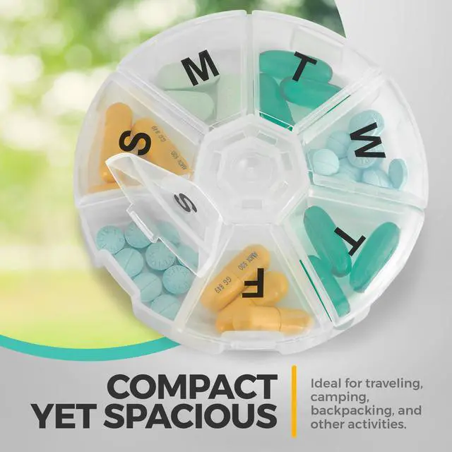 Alt view image 6 of 7 - Large Weekly Pill Organizer - (Pack of 4) Daily Pill Cases, Round Pill Organizer 7 Day Container, Medicine Planner, Pill Reminder, BPA-Free for Pills Vitamins, Supplements, and Fish Oils