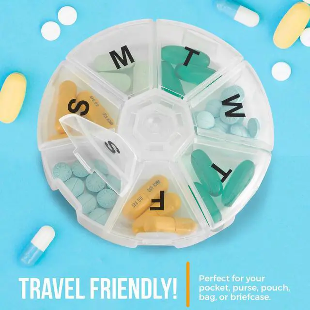 Alt view image 4 of 7 - Large Weekly Pill Organizer - (Pack of 4) Daily Pill Cases, Round Pill Organizer 7 Day Container, Medicine Planner, Pill Reminder, BPA-Free for Pills Vitamins, Supplements, and Fish Oils