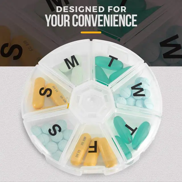 Alt view image 7 of 7 - Large Weekly Pill Organizer - (Pack of 4) Daily Pill Cases, Round Pill Organizer 7 Day Container, Medicine Planner, Pill Reminder, BPA-Free for Pills Vitamins, Supplements, and Fish Oils