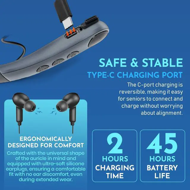 Alt view image 3 of 7 - Rechargeable Bluetooth Hearing Amplifier - Wireless Hands-Free Neckband w/Noise Reduction, Neck Sound Amplifying Device Helps Aid Comfortable Hearing for Listening, Watching TV for Seniors & Adults