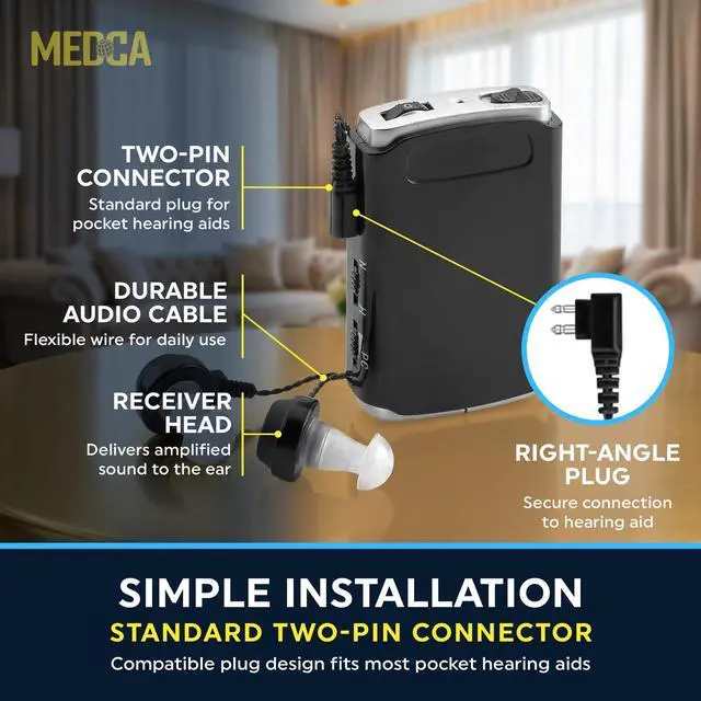 Alt view image 7 of 7 - MEDca 2 Pin Hearing Aid Replacement Cord & Receiver Set - Compatible with Most Pocket Hearing Aids AVA-16 & AVA-68 Body Worn Hearing Amplifiers - 75cm Cable - Sound Amplifier Accessory & 6 Ear Domes