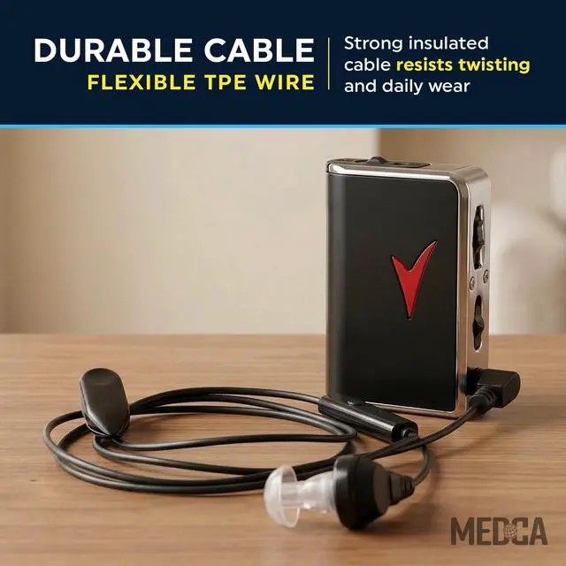 Alt view image 4 of 7 - MEDca 2.5mm Hearing Aid Replacement Cord w/ 2-Pin Receiver & Earbud Set - Compatible with Pocket Hearing Aid Cable for Body Worn Sound Amplifiers - Personal Hearing Amplifier Accessory & 3 Ear Domes