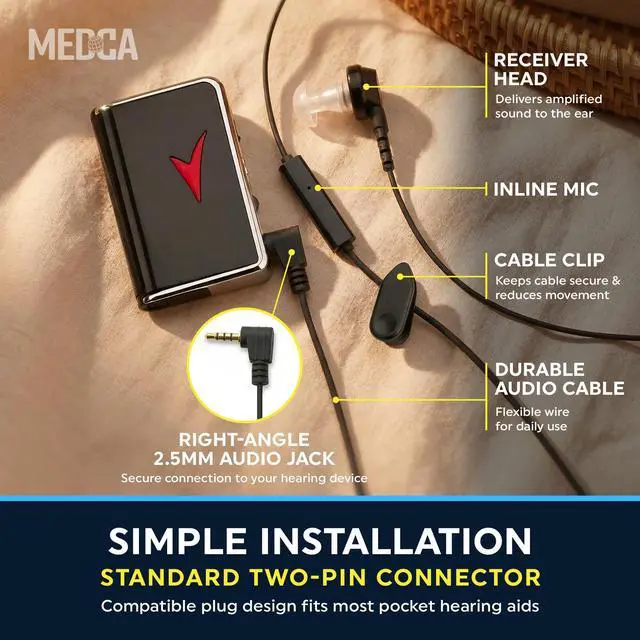 Alt view image 7 of 7 - MEDca 2.5mm Hearing Aid Replacement Cord w/ 2-Pin Receiver & Earbud Set - Compatible with Pocket Hearing Aid Cable for Body Worn Sound Amplifiers - Personal Hearing Amplifier Accessory & 3 Ear Domes