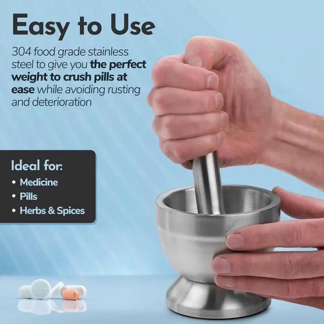 Alt view image 3 of 7 - Pill Crusher - 304 Food Grade Stainless Steel Mortar and Pestle Medicine Grinder Set - Non-Slip Splitter to Easily Crush Medicine Pills Tablets Vitamins to Fine Powder for Adults, Seniors, Dogs, Pets