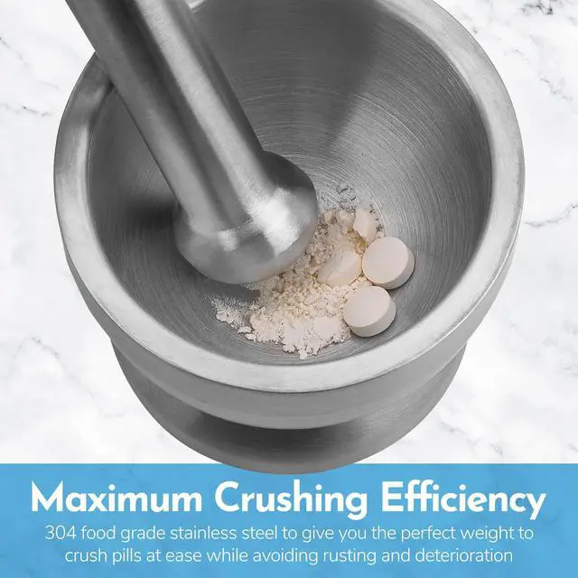 Alt view image 5 of 7 - Pill Crusher - 304 Food Grade Stainless Steel Mortar and Pestle Medicine Grinder Set - Non-Slip Splitter to Easily Crush Medicine Pills Tablets Vitamins to Fine Powder for Adults, Seniors, Dogs, Pets