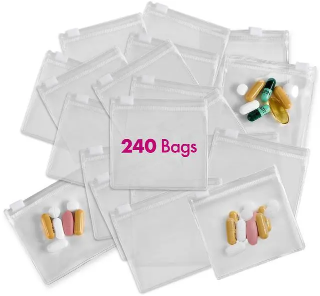Main image of Zippered Pill Pouch Bags - 240 Pcs, Slide Lock Clear Plastic Mini Bags, BPA-Free for Pills Vitamins, Supplements, Medications, Jewelry, Crafts, Small Objects - Self-Sealing, Reusable, Travel-Friendly