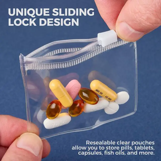 Alt view image 3 of 7 - Zippered Pill Pouch Bags - 120 Pcs, Slide Lock Clear Plastic Mini Bags, BPA-Free for Pills Vitamins, Supplements, Medications, Jewelry, Crafts, Small Objects - Self-Sealing, Reusable, Travel-Friendly