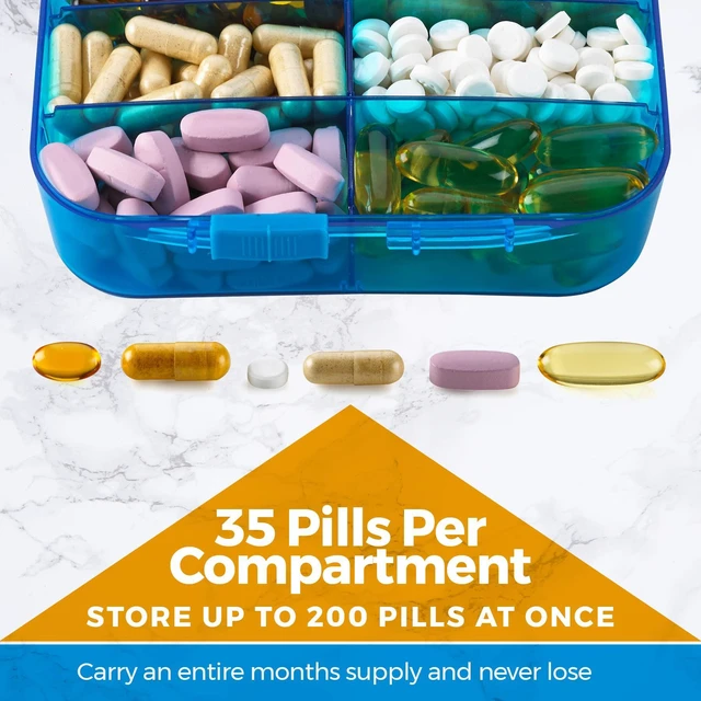 Alt view image 2 of 7 - Vitamin Organizer - Travel Pill Organizer Box & 6 Compartment Daily Medicine Case Container for Organizing Your Pills, Medications, Supplements, Vitamins and Fish Oils for Every Day Use by MEDca