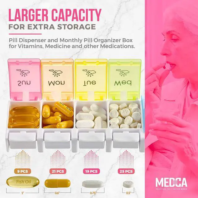 Alt view image 3 of 7 - MEDca 7 Day AM PM Pill Organizer, 2 Pack - Push Button Weekly Pill Box Case with 14 Compartments for Medication, Vitamins and Supplements, BPA Free Plastic, Multi Color