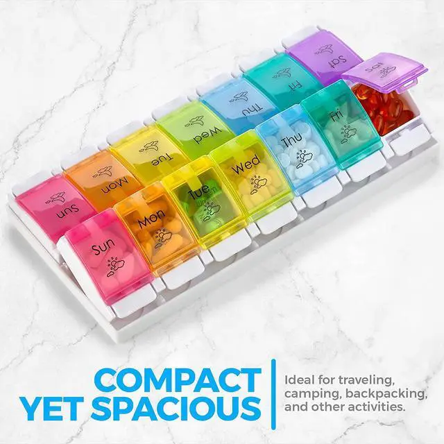 Alt view image 2 of 7 - MEDca 7 Day AM PM Pill Organizer, 2 Pack - Push Button Weekly Pill Box Case with 14 Compartments for Medication, Vitamins and Supplements, BPA Free Plastic, Multi Color