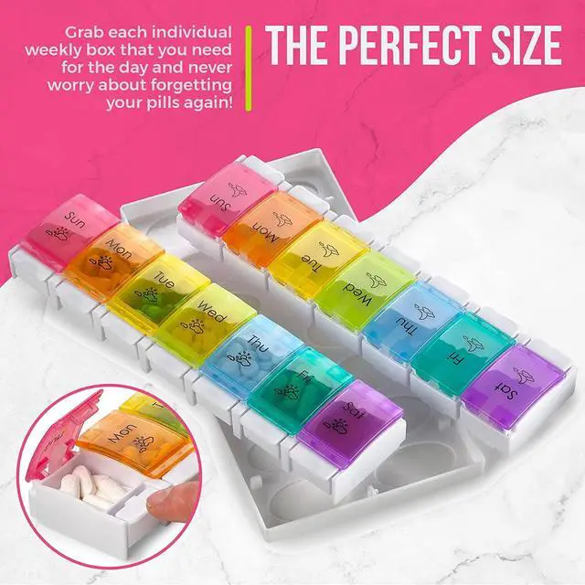 Alt view image 4 of 7 - MEDca 7 Day AM PM Pill Organizer, 2 Pack - Push Button Weekly Pill Box Case with 14 Compartments for Medication, Vitamins and Supplements, BPA Free Plastic, Multi Color