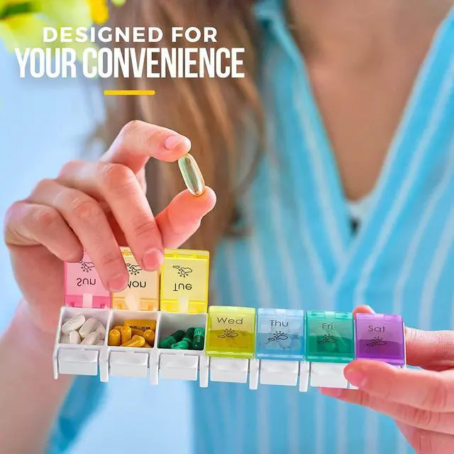 Alt view image 5 of 7 - MEDca 7 Day AM PM Pill Organizer, 2 Pack - Push Button Weekly Pill Box Case with 14 Compartments for Medication, Vitamins and Supplements, BPA Free Plastic, Multi Color