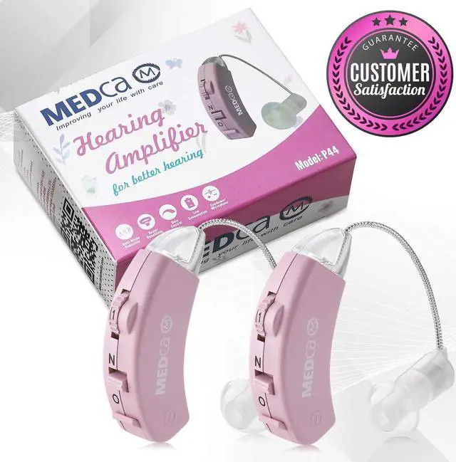 Alt view image 3 of 7 - Hearing Amplifier - Set of 2 - Best Hearing Amplifiers That Fit Comfortable Behind The Ear for Women, Small & Discreet BTE Personal Sound Amplifier Pair (Pink)