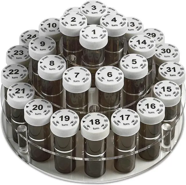 Main image of Monthly Pill Bottle Organizer Caddy - 31 Numbered Full-Size Pill Bottles w Child-Proof Lids for Each Day of the Month- Clear Rack and Easy to Use for Daily Dose of Medication Vitamins and Supplements