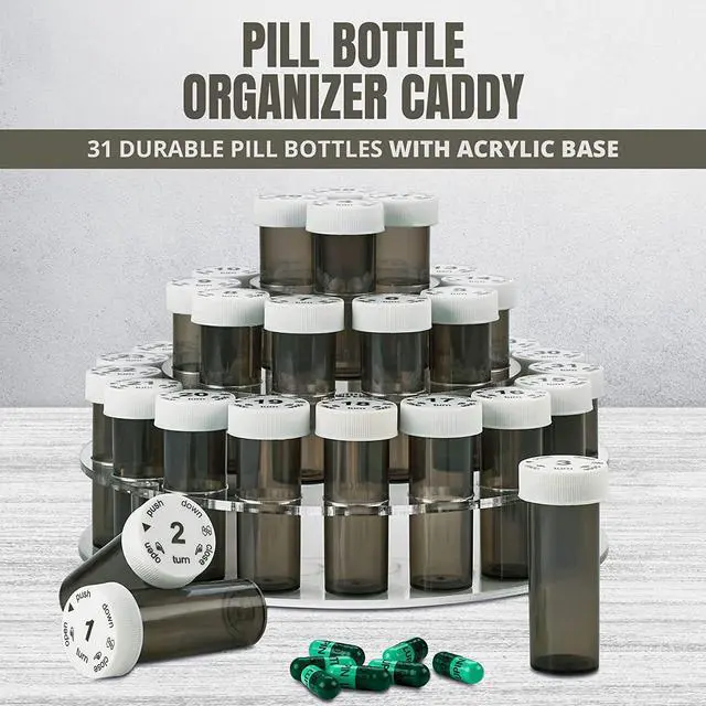 Alt view image 2 of 7 - Monthly Pill Bottle Organizer Caddy - 31 Numbered Full-Size Pill Bottles w Child-Proof Lids for Each Day of the Month- Clear Rack and Easy to Use for Daily Dose of Medication Vitamins and Supplements