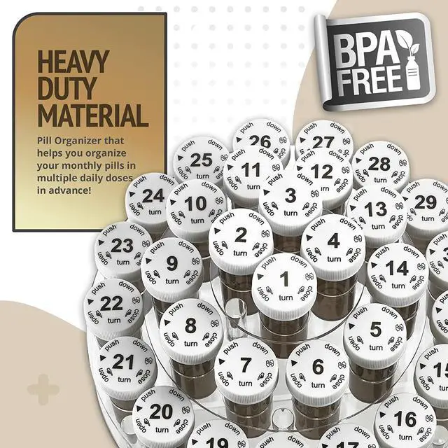 Alt view image 3 of 7 - Monthly Pill Bottle Organizer Caddy - 31 Numbered Full-Size Pill Bottles w Child-Proof Lids for Each Day of the Month- Clear Rack and Easy to Use for Daily Dose of Medication Vitamins and Supplements