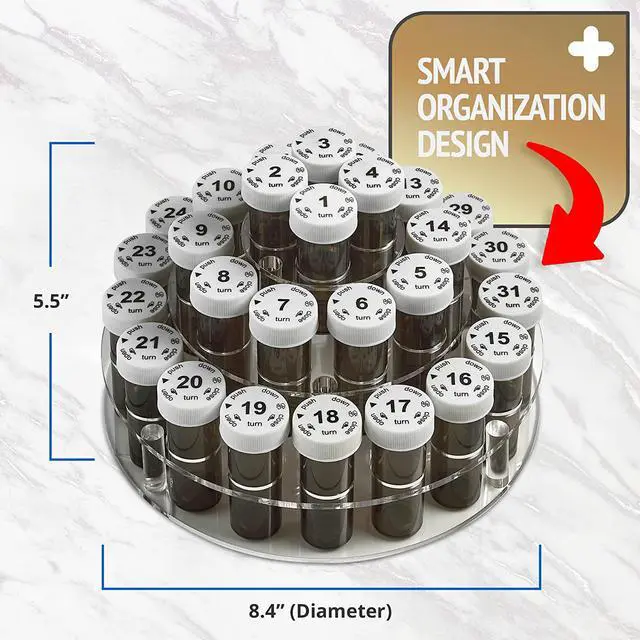 Alt view image 6 of 7 - Monthly Pill Bottle Organizer Caddy - 31 Numbered Full-Size Pill Bottles w Child-Proof Lids for Each Day of the Month- Clear Rack and Easy to Use for Daily Dose of Medication Vitamins and Supplements
