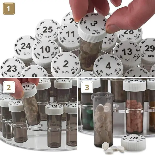 Alt view image 4 of 7 - Monthly Pill Bottle Organizer Caddy - 31 Numbered Full-Size Pill Bottles w Child-Proof Lids for Each Day of the Month- Clear Rack and Easy to Use for Daily Dose of Medication Vitamins and Supplements