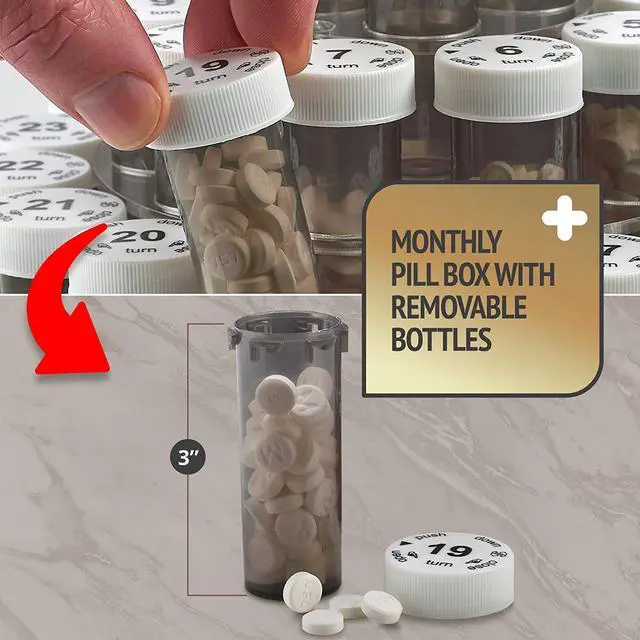 Alt view image 5 of 7 - Monthly Pill Bottle Organizer Caddy - 31 Numbered Full-Size Pill Bottles w Child-Proof Lids for Each Day of the Month- Clear Rack and Easy to Use for Daily Dose of Medication Vitamins and Supplements