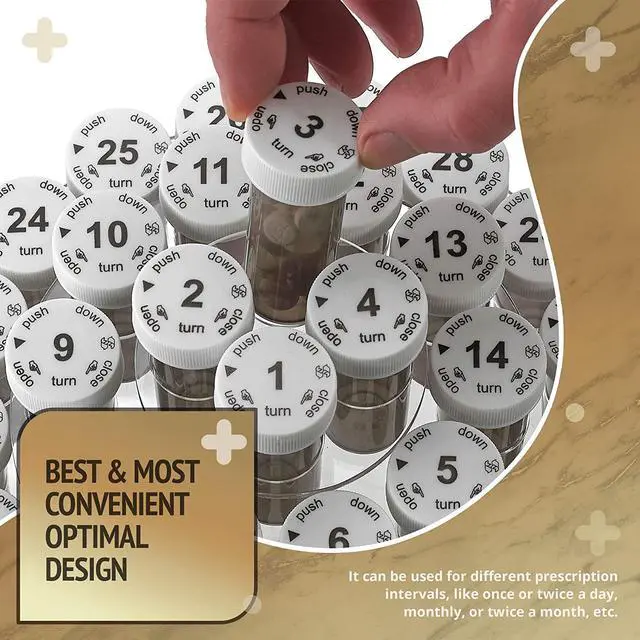 Alt view image 6 of 7 - Monthly Pill Bottle Organizer Caddy - 31 Numbered Full-Size Pill Bottles w Child-Proof Lids for Each Day of the Month- Clear Rack and Easy to Use for Daily Dose of Medication Vitamins and Supplements