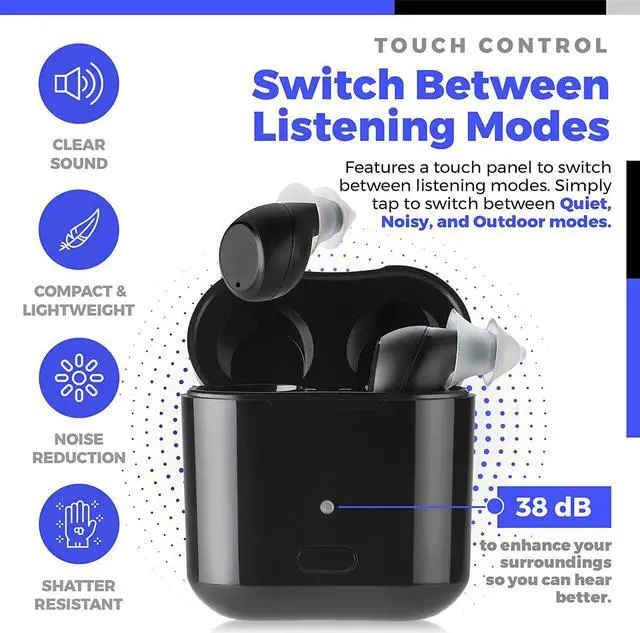 Alt view image 4 of 7 - Hearing Amplifier Rechargeable to Aid and Assist Adults and Seniors Hearing, 24 Hours Battery life Wireless Sound Amplifier with Portable Charging Case, Gain up to 38db