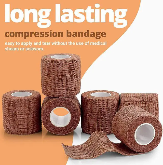 Alt view image 3 of 7 - 6 Pack, Self Adherent Cohesive Tape - 2" x 5 Yards, (Medium Tan Shade) Self Adhesive Bandage Rolls & Sports Athletic Wrap for Ankle, Wrist, Knee Sprains and Swelling - FDA Approved